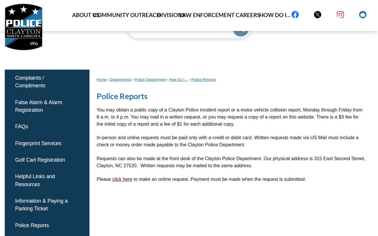 Clayton Police report request page