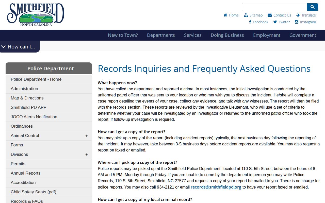 Smithfield Police report request page