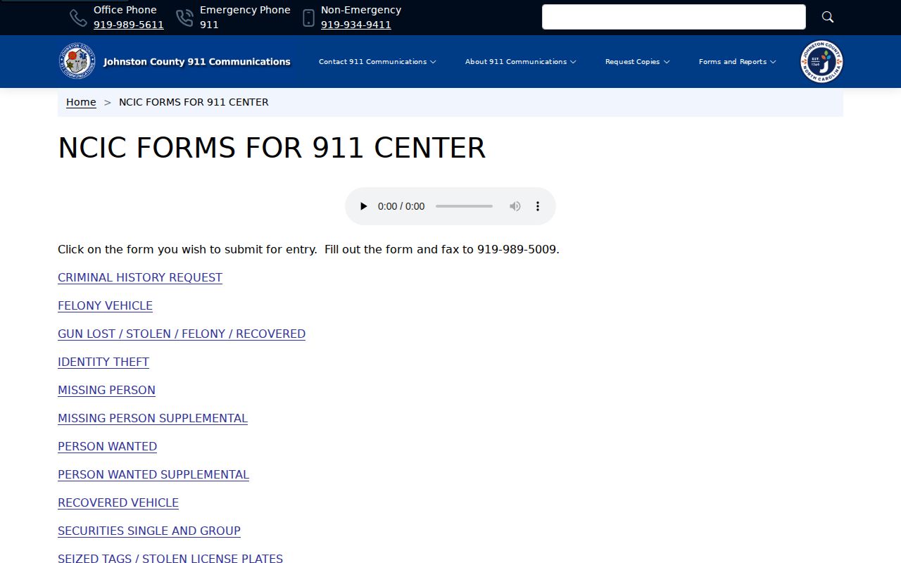 Johnston County 911 NCIC wanted-person forms page